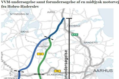 Kortet her fra 2016 har tre farver, som viser de forskellige ruter, der skal undersøges nærmere, før en endelig linjeføring af Hærvejsmotorvejen kan afgøres. Arbejdet med den sydlige del af ruten er længst, og denne del af ruten skal derfor prioriteres først, mener Dansk Industri.? Foto: Vejdirektoratet