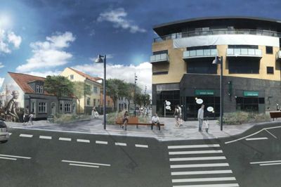 Renoveringen af Sølvgade vil blandt andet byde på gavl-kunst, ny belægning og en lille plads foran biografen. ?Visualisering: Herning Kommune