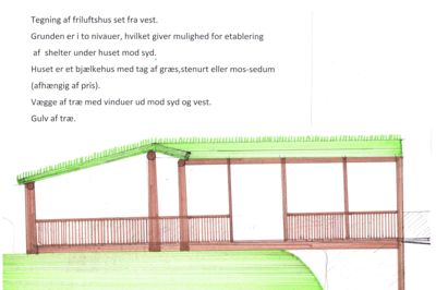 Den lille by Rimmerhus ønsker sig en veludstyret legeplads. Her ses bålhytten. ?Tegning: Oluf Mogensen.