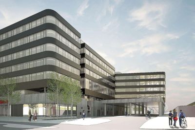 Sådan kommer det færdige projekt til at se ud, når JFP har udvidet en eksisterende bygning på 11.500 kvadratmeter med yderligere 3650 kvadratmeter kontor. Bygningen er ejet af PensionDanmark, og den ekstra plads skal bruges af den nuværende lejer, arkitektfirmaet MOE. ?Illustration: JFP