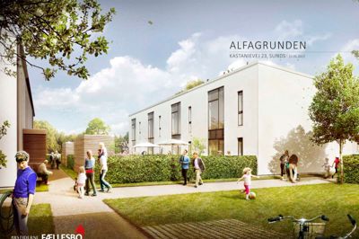 Nye almene boliger på Alfa-grunden i Sunds er allerede under opførelse, og de kommende år er der flere projekter på vej. ?Visualisering: Aarstiderne arkitekter