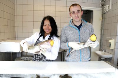 Marian Claudiu Badea og Buathong Thumthong i deres butik, Lilletorvs Fisk. ? Foto: Peter Jessen