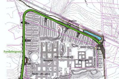Den grønne strækning rundt om det nye sygehus i Gødstrup skal hedder »Hospitalsparken«, mens den røde får navnet »Kapelvej«. ? Tegning: Herning Kommune