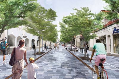 Sådan ventes Søndergade at tage sig ud efter renoveringen - her set fra den sydlige del af gaden, hvor der fortsat bliver ensrettet kørsel.? Illustration: Herning Kommune