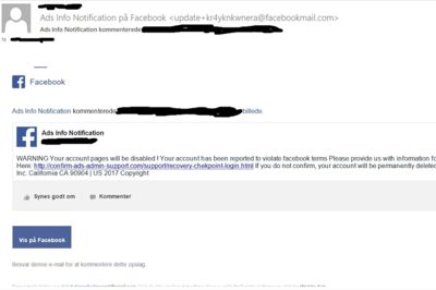 Sådan ser det ud, når it-kriminelle forsøger at lokke dig til at følge et link i kommentarerne til en Facebook-lignende side, hvor de vil forsøge at franarre dig personlige oplysninger. Free/Rigspolitiet