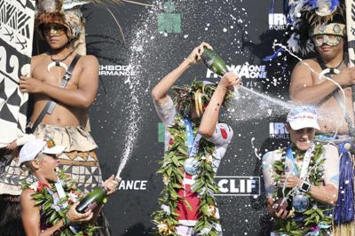 Michelle Vesterby havde drømt om at komme på podiet. Hendes foreløbig bedste placering på Hawaii er fjerdepladsen fra 2015. I år var det australske Sarah Crowley (t.v.), Daniela Ryf, Schweiz og engelske Lucy Charles. ?Foto: Ritzau Foto