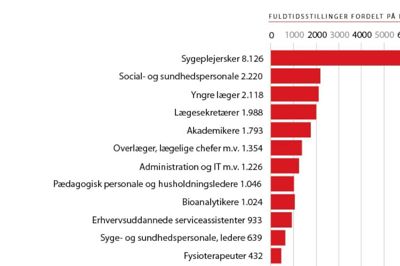 Region Midtjylland har ifølge den seneste personaleredegørelse ikke færre 27.489 ansatte, omregnet til fuldtidsstillinger per november 2016. Den klart største faggruppe er de 8126 sygeplejersker. De 933 erhvervsuddannede serviceassistenter omfatter mange rengøringsassistenter. Grafikken her viser kun de 12 største faggrupper. Illustration: Anton Skovbjerg