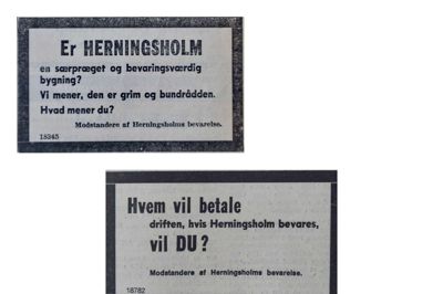 Underskriftsindsamling og 18 annoncer - anonyme - med sørgerand var blandt de våben, modstanderne af bevaring af Herningsholm greb til, og en enkelt annonce bekendtgjorde, at herregården såmænd også havde venner. ?Foto: Illustration fra bogen