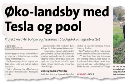 Herning Folkeblad onsdag 2. november 2016. En øko-landsby ved Studsgård skulle skaffe 40 nye boliger til landsbyen. Manglende interesse gør, at planerne nu er droppet.