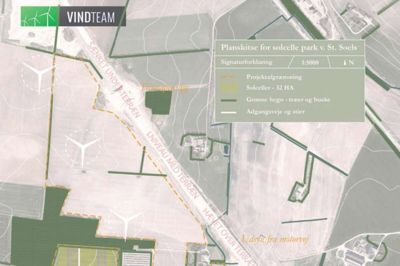 Solcellerne skal placeres syd for møllerne og vest for motorvejen (det gule område) og vil bidrage med cirka 20 MW, oven i de 24 MW, som møllerne ventes at producere. Illustration: Vindteam