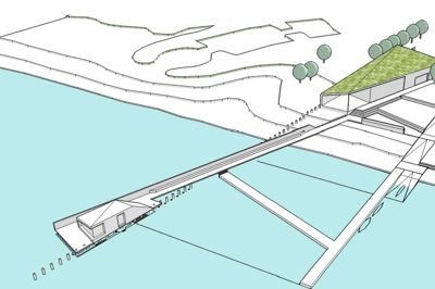Den længste badebro med sauna for enden kommer til at gå 50 meter ud over vandet. De to bygninger på land bliver tilsammen i alt 650 kvadratmeter store og bliver omkranset af kirsebærtræer.? illustration: White Arkitekter