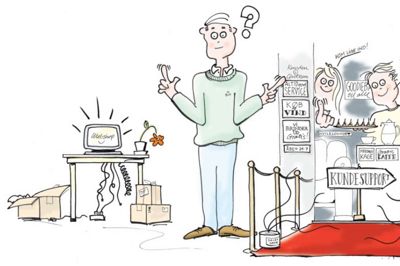 Valget mellem webshoppen og den fysiske butik vil i fremtiden afhænge af forbrugerens adfærd og loyalitet samt de fysiske butikkers evne til at gøre shopping til en oplevelse for kunden.? Tegning: Anton Skovbjerg