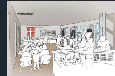 Illustration af det nye klublokale. På venstre side er der vinduer ud til gårdhaven, og på den anden side ruder ind til selve skydebanen, som udformes, så den også kan bruges til andre formål end blot skydning. Illustration: Skydebaneforeningen Danmark
