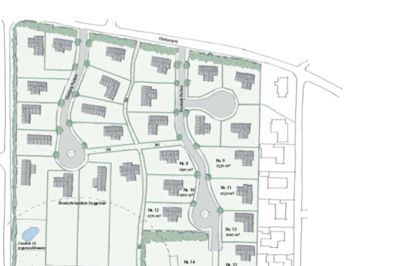 Illustration fra salgsmappe udarbejdet af Herning Kommune for Stoubækparken gældende fra 1. januar 2012. Indtil videre er der blevet bygget ét hus. Illustration: Herning Kommune