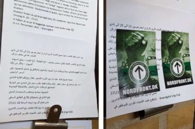 Løbesedler og klistermærker er sat op i opgangene rundt i Brændgårdparken af foreningen Nordfront.? screendump fra nordfront.dk