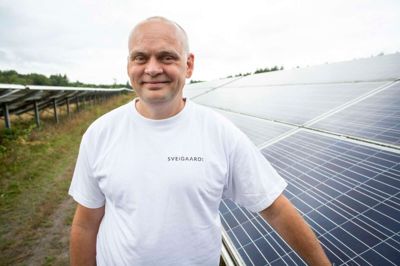 Panelerne med solceller bag Søren Sveigaard laver lige så meget strøm som 575 almindelige familier bruger i løbet af et år. Anlægget bag læhegnene på Kollund Byvej var det første af sin art i Danmark, da det blev sluttet til el-nettet ved årsskiftet 2013/14.?foto: Toke Hage