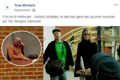 Denne annonce cirkulerede indtil i fredags stadig blandt danske brugere af Facebook. Svindlerne bag har misbrugt en række kendisser i et forsøg på at få deres »scam« til at ligne en legal fidus - i dette tilfælde er det komikeren Anders Matthesen, der bliver misbrugt. ?Foto: Skærmprint fra Facebook