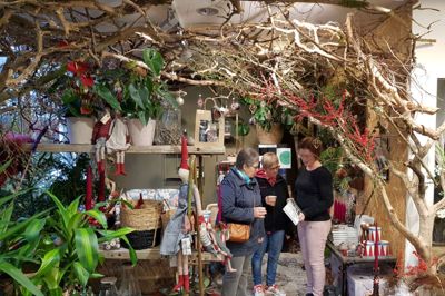 Butiksindretningen bliver mere og mere afgørende. Her er det Jette Toldsted (t.v.) og Gurli Nielsen, to tidligere kolleger, der hygger med en kop kakao sammen med indehaver af Rex Blomster Solvejg Laursen.?Foto: Philip Horup