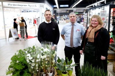 Apoteker Henrik Krog Jensen (t.v.) fra Herning Løve Apotek glæder sig til samarbejdet med købmand Søren Hansen (i midten) og indehaver af Blomstergården i Brædstrup, Pernille Dahl Stobberup.?Foto: Flemming Hansen