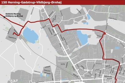 Ud over en sløjfe omkring hovedindgangen til Regionshospitalet Gødstrup får rute 150 også ny linjeføring gennem selve Herning by og vil fra 30. juni køre nordud af byen i stedet for vestud. ? Foto: Midttrafik