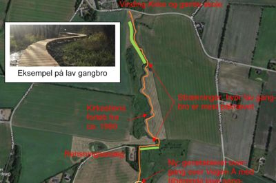 Vinding Borgerforening har udarbejdet en skitse over planerne for kirkestien langs Vegen Å. Lige nord for Sørvad skal der laves bro over åen, mens de tykke grønne streger markerer strækningerne, hvor der ønskes lave gangbroer. ?Illustration: Vinding Borgerforening