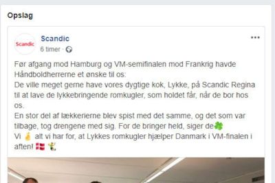 Sådan ser opslaget på Facebook, hvor man kan se de glade håndboldspillere med trøflerne fra hotellet Scandic Regina, ud.?Foto: Screendump fra Facebook