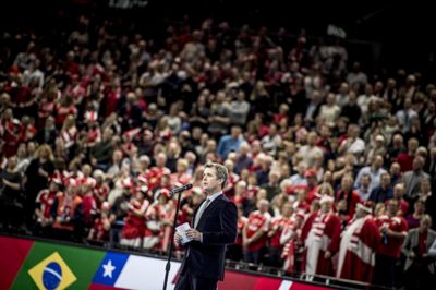 Kronprins Frederik holdt tale før Danmarks første VM-kamp den 10. januar 2019. Søndag møder han også op sammen med sin familie for at se Danmark spille finale mod Norge. Foto: Mads Claus Rasmussen/Ritzau Scanpix