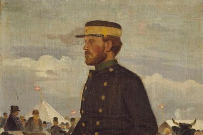 Vi har ikke noget foto af herredsfoged J.C. Landt, der med placeringen af tinghuset grundlagde Herning, men dette maleri, »En retsbetjent på marked« af Hans Smidth, giver et troværdigt billede af, hvorledes det kan have taget sig ud, når Landt besøgte markedet i Lund. ?Foto: Illustration fra bogen udlånt af Den Hirschsprungske Samling
