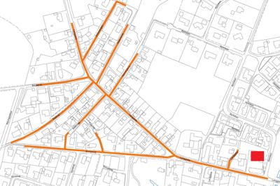 Etape to af kloaksepareringen i Sørvad kommer til at dække de områder, som Herning Vand har markeret på kortet. Herning Folkeblad har efterfølgende tilføjet Dagli'Brugsens beliggenhed, som man kan se i nederste højre hjørne af kortet. ?Illustration: Herning Vand