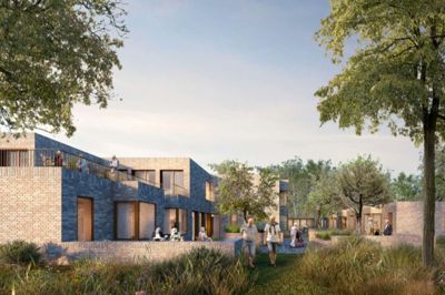 Hver bolig i det kommende friplejehjem kommer til at byde på knap 75 kvadratmeters hjem. Projektet skal have godt med grønne områder, og det bliver Herning-virksomheden JFP, som skal udføre det hele. Foto: Illustration