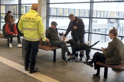 De rejsende på banegården tog godt imod opfordringen om at lege med i øvelsen, der gik ud på at træne hundene til at snuse sig frem til både penge og narko. ?Foto: Bo Lundgaard