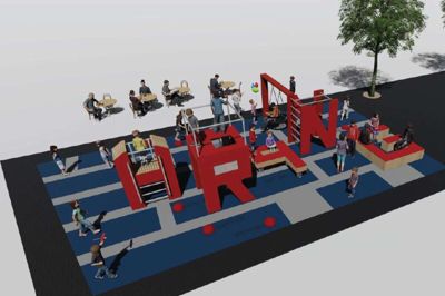 I vinderprojektet fra firmaet Maxplay består legeredskaberne af store bogstaver, som danner ordet »HR9NG«. Udformningen skal dog tilrettes torvets æstetik noget bedre, før legepladsen kan blive anlagt. Visualisering: Herning Kommune