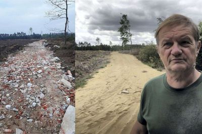 Til venstre ses en af vejene i Rind Plantage, før der blev kørt sand på. Dette billede er taget af en læser. Til højre Danmarks Naturfredningsforenings bestyrelsesmedlem, Bruno Sørensen, ved samme vej - efter tildækningen med sand. Foto: Privatfoto og Bo Lundgaard Bo Lundgaard
