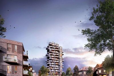 I planen for sygehusgrunden i Herning ligger et højhus på 15 etager. Bygherren KPC ønsker imidlertid et højhus på 25 etager. Illustration: Herning Kommune