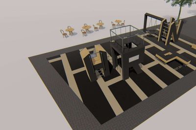 Legepladsproducenten præsenterede i første omgang Herning Kommune for en rød, blå og gul version af den kommende legeplads på Torvet, men politikerne ønskede mere mørke nuancer. Visualisering: Maxplay