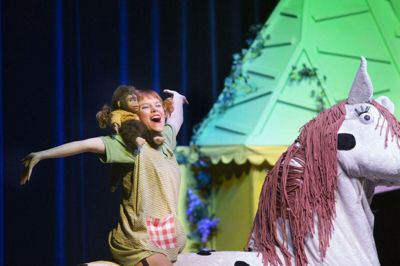Maja Hørslev Sørensen spiller Pippi i opsætningen af Pippi Langstrømpe. Musicalen spiller hele efterårsferien. Foto: Tom Laursen