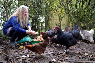 Birgitte Haugaard i hønsegården, hvor hønsene elsker gourmetmiddag med agurkeender og tørre brødskorper. Foto: Laila Kempel