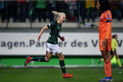 Pernille Harder - her efter en scoring i Champions League - er igen nomineret til Ballon d’Or-pris. Foto: Ronny Hartmann/Ritzau Scanpix