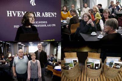 Theresa Scavenius holdt et foredrag om klimaet på bibliotektet, hvor de tre prismodtagere fra Horn Bordplader, Mad til Herning og Lifestyle & Design Cluster hver fik en kurv for deres grønne indsats. Foto: Flemming Hansen