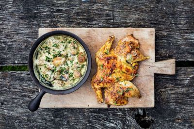 Grillet kylling med grov sennep og cremede kartofler. Foto: Morten Kirckhoff