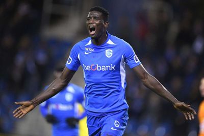 Den tidligere FCM-topscorer Paul Onuachu jubler over en af sine foreløbige otte scoringer for belgiske KRC Genk, som han skiftede til i august 2019 - i en af »ulvenes« største handler. Foto: Ritzau Scanpix