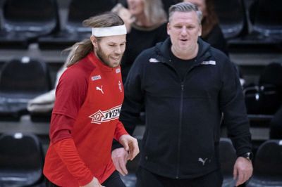 Landstrænder Nikolaj Jacobsen og Mikkel Hansen ved håndboldlandsholdets træning i Frederiksberg Hallen onsdag den 8. januar 2020.. (Foto: Liselotte Sabroe/Ritzau Scanpix)