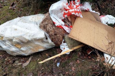 Denne affaldsbunke af forskellige byggerester blev onsdag opdaget i Rind Plantage af en beboer i Lind. Affaldet ligger på en skovvej tæt på Rind Kirke. Foto: Privatfoto