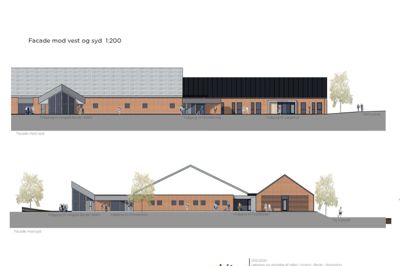 Sundhedsfællesskabet er et todelt projekt, der blandt omfatter en tilbygning til idrætshallen. Skitse: Arkitec