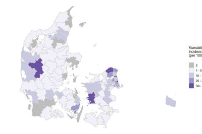 Herning er den kommune i Jylland, som per 27. marts klokken 13 har flest coronapatienter per 100.000 indbyggere. Kort: Statens Serum Institut