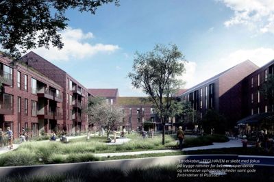 Med sygehusgrundens etape 2 bliver psykiatrisk afdeling revet ned for at give plads til et byggeri med 94 lejligheder i tre-fire etager. Visualisering: Arkitema Architects
