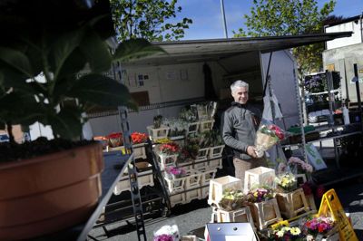 Brian Jacobsen har solgt blomster fra Herning tirsdag og lørdag, men også på torvet i Brande hver torsdag. Her blev han fotograferet i maj. Foto: Henrik Ole Jensen