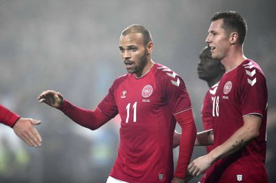 Martin Braithwaite og Lukas Lerager (t.h.) scorede målene, da Danmark besejrede Østrig på MCH Arena i efteråret 2018. Foto: Lars Poulsen/Ritzau Scanpix