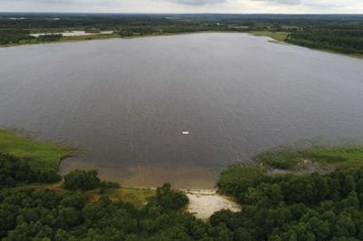 Dronefotos af brunkulsområdet i Søby. I den nordøstlige ende af Søby Sø ligger en lille badestrand med både græs og strandsand. Der er desuden en fin toiletbygning og en tømmerflåde til udspring. Foto: Flemming Hansen