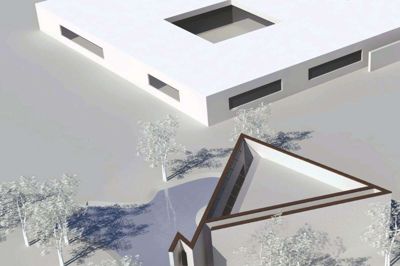 På illustrationen kan man se den lange gang, der leder ned til indgangen. »Pietas« opsættes direkte overfor indgangen. illustration: Friis & Moltke Architects